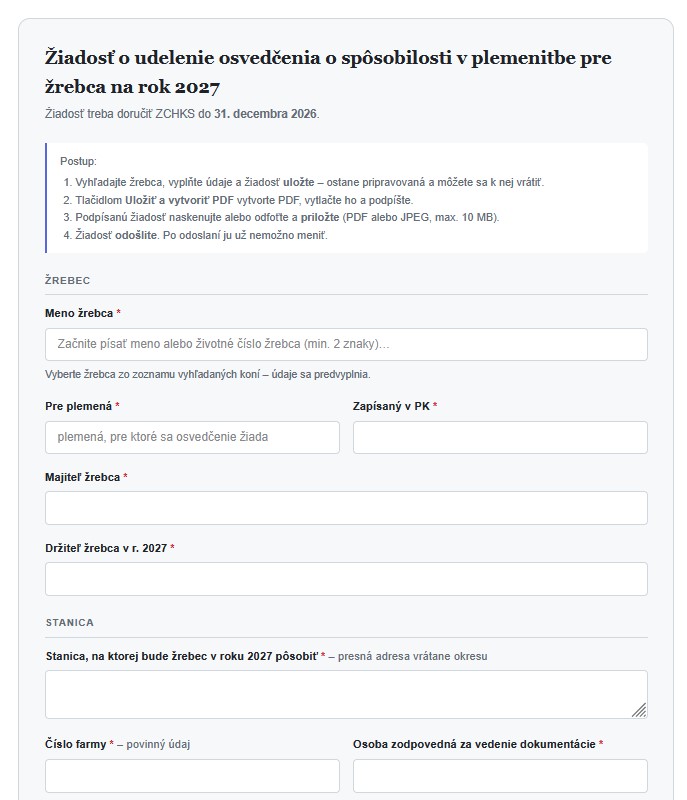 Formulár žiadosti – vyhľadanie žrebca a základné údaje