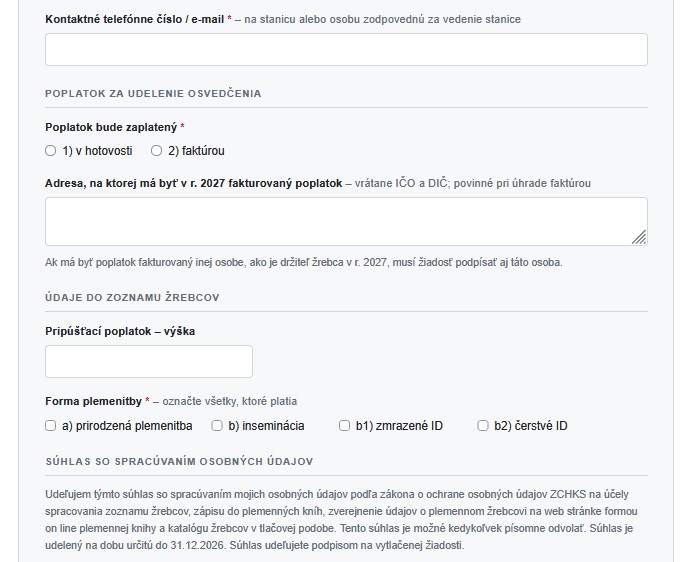 Formulár žiadosti – poplatok, forma plemenitby a súhlas