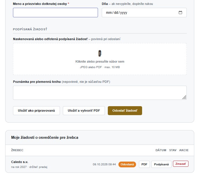 Formulár žiadosti – priloženie podpísanej žiadosti, tlačidlá a zoznam žiadostí