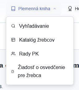 Menu Plemenná kniha s položkou Žiadosť o osvedčenie pre žrebca