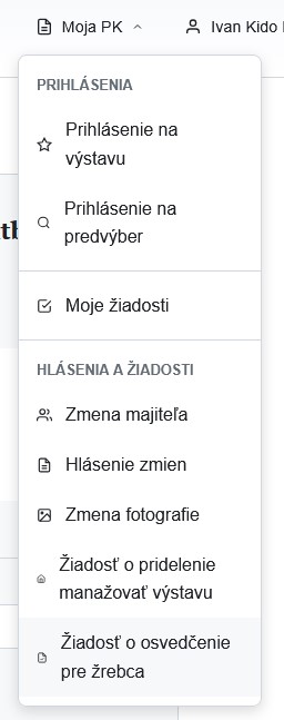 Menu Moja PK s položkou Žiadosť o osvedčenie pre žrebca